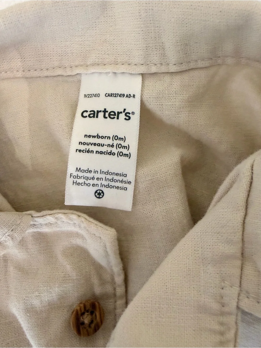 🌿 Carter’s Newborn Beige Embroidered Button Up Shirt Shorts Set
